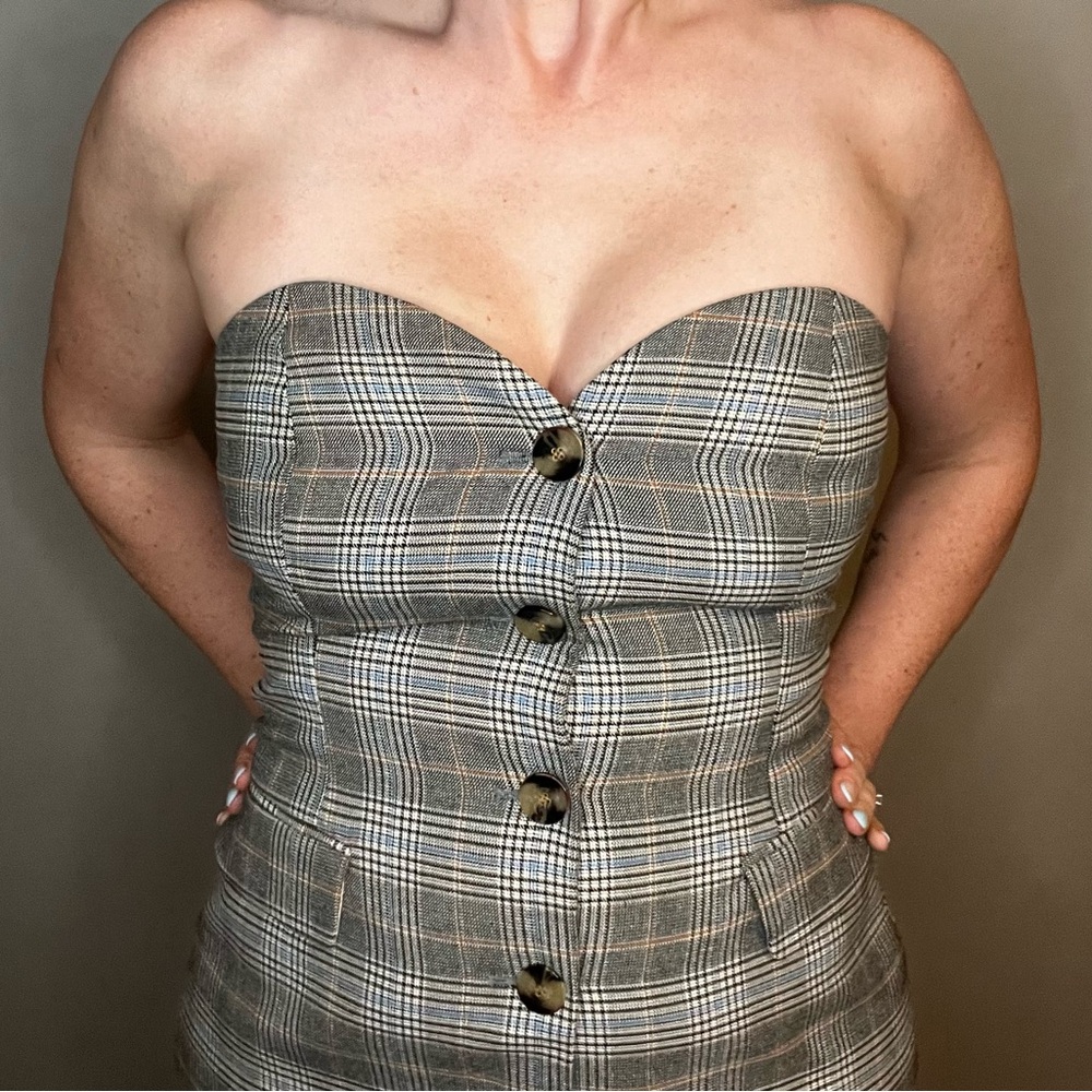 Zara Gray Plaid Strapless Button-Down corset style Top